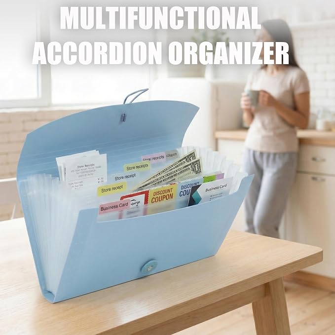 Portable 13-Pocket Receipt & Coupon Organizer, Small Expanding Accordion File Folder with Labels, Long Ticket Size Holder for Bills, Checks, and Travel Documents (10.2" x 5.5"), Blue