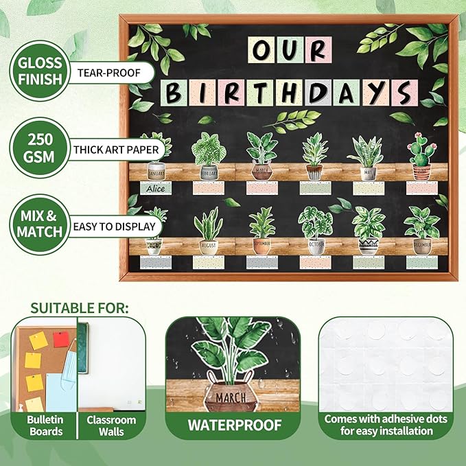 FYSUIMU 84 Pcs Birthday Bulletin Board Decoration Set Boho Plant Leaves Birthday Bulletin Board Border Greenery Paper Cutouts for Back to School Classroom Month Calendar Preschool Chalkboard Supplies