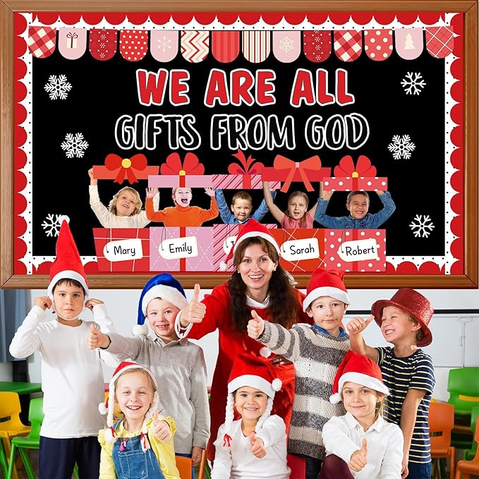 Christmas Bulletin Board Decoration Set Christmas WE are All Gifts from God Classroom Bulletin Board Decor DIY Photo Religious Christian Xmas Gift Boxes Name Labels Cutouts for School Chalkboard Wall