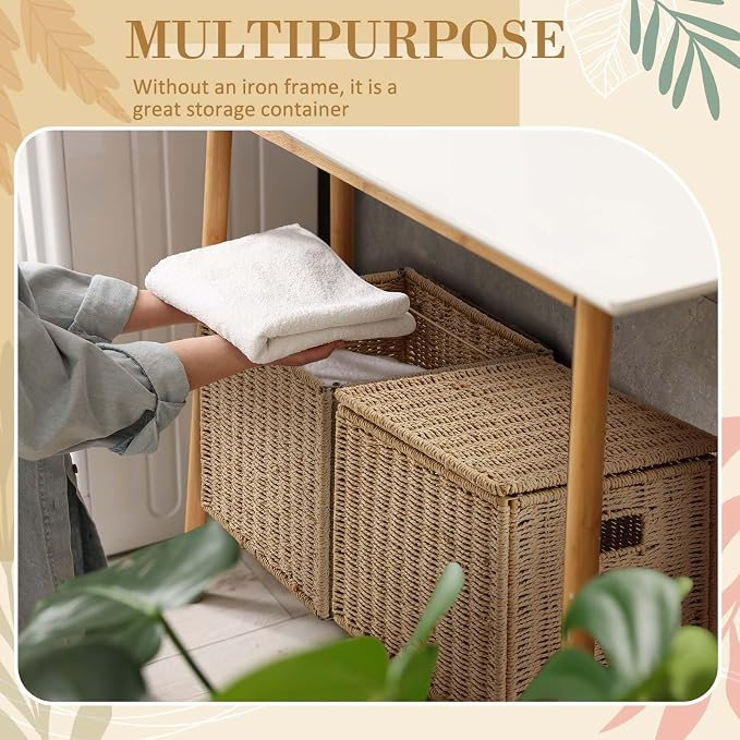 Jingmore 2 Pack Paper Rope File Box Organizers Collapsible Letter Size Filing Cabinet with Lid Woven Hanging File Basket Portable Decorative Document Storage Box for Office/Decor/Home (Letter Size)