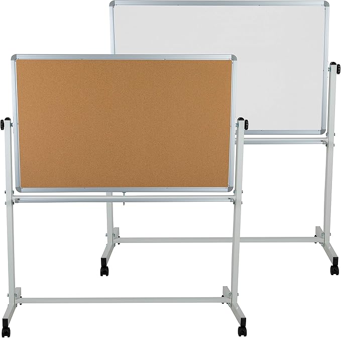 BizChair Reversible Mobile Cork Bulletin Board and White Board with Pen Tray, 53"W x 59"H