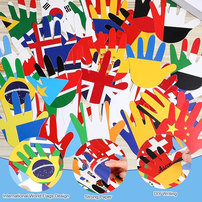 Fullhawl 36 Pcs Around The World Bulletin Board Set Flags of The World Multicultural Hands Cut Out Decorations International Country Flags History Classroom Decor Diversity Back to School Wall Door