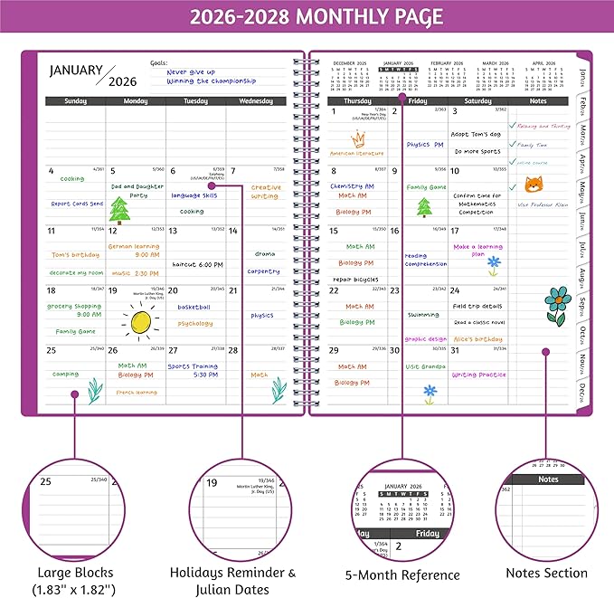 Monthly Planner 2026-2028, 36 Months Calendar Planner 2026-2028 from Jan 2026 – Dec 2028, 8.5'' x 11'' with Ruled Spread, Flexible Cover, Spiral Wirebound, Pocket, Coated Tabs, Notes ＆ Habit Tracker