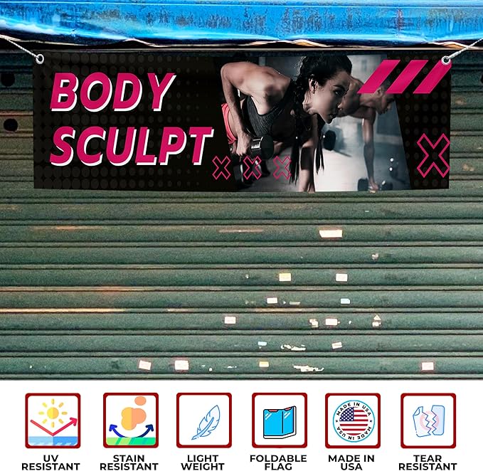 Body Scullpt Large Banners and Signs for Outdoor by Mavis Printing-Polyester Banner with 4 Holes for Easy Hang Indoor & Outdoor|4x1 Feet HD Print Sign to Promote Church| Made in USA