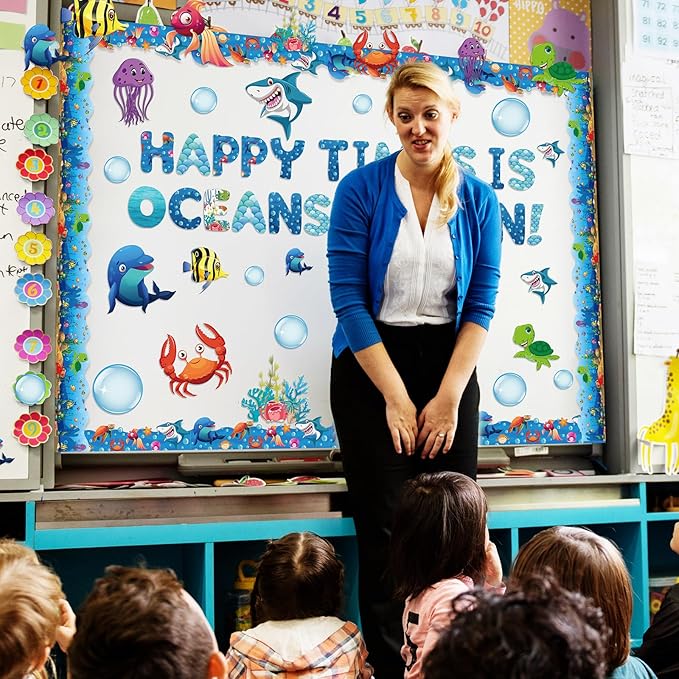 Kosiz Ocean Colorful Bulletin Board Decoration Set 118 ft Scalloped Bulletin Board Borders Classroom Poster Border Trim with 257 Pcs Letter Number Symbol Cutout for School Decor