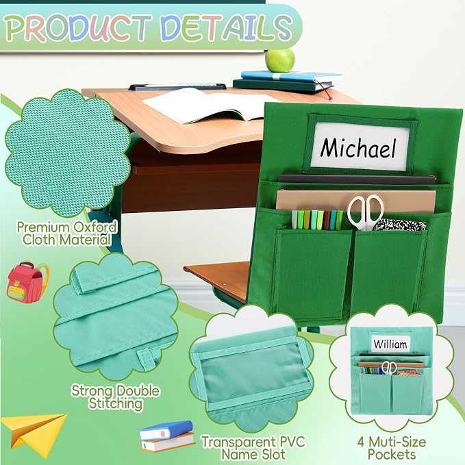 gisgfim 24 Pcs Small Chair Pockets for Classroom 13 x 14 Inch Bag with Name Tag Multi Pockets Chairsback Pouch Organizer for Student Kindergarten Elementary Daycare (Greenery)