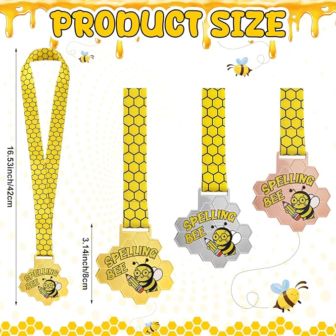 3 Pcs Spelling Bee Medals Honeycomb Gold Silver Bronze Spelling Bee Trophy Awards with Neck Ribbon for Kids Adults Competitions Party Supplies