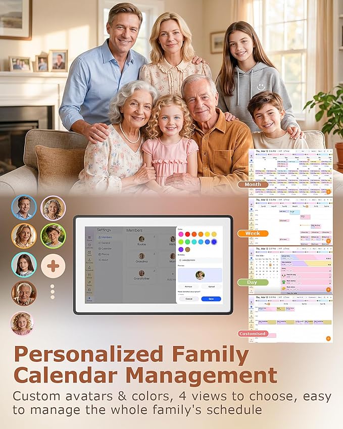 15.6 Inch Wall Planner Digital Calendar & Chore Chart, Smart Touchscreen Interactive Family Schedule Display with Electronic Photo Album, Wall-Mounted Smart Home Organizer for Daily Tasks, Appointments & Photo Slideshow, Black