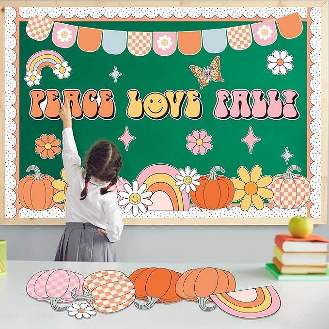 Groovy Thanksgiving Pumpkin Bulletin Board Set Thanksgiving Classroom Bulletin Board Decorations Groovy Peace Love Paper Cutouts Fall Pumpkin Classroom Boarders for School Chalkboard Wall Decor