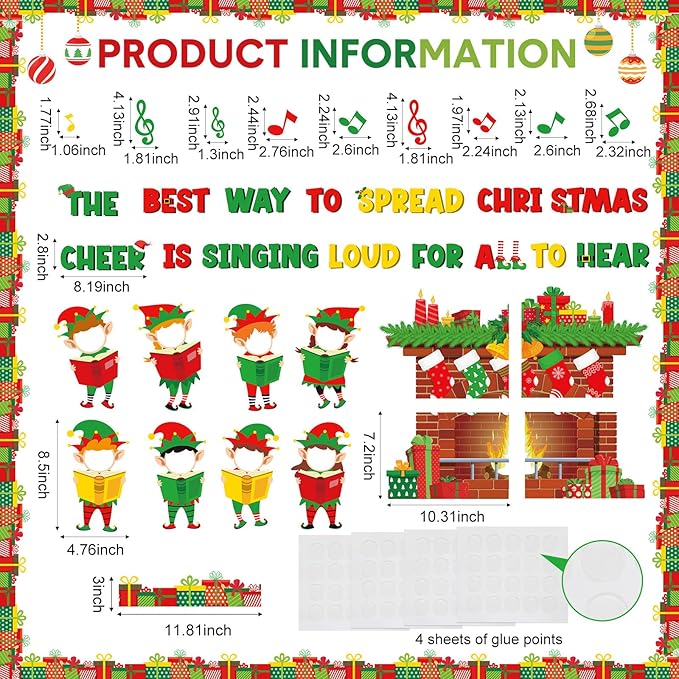 Funrous 60 Pcs Christmas Elf Bulletin Board Set DIY Photo Elf Fireplace Paper Cutouts with Photo Space for Xmas Winter Holiday Party School Classroom Wall Decorations