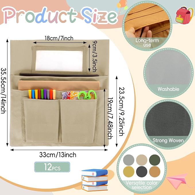 gisgfim 12 Pcs Small Chair Pockets for Classroom 13 x 14 Inch Bag with Name Tag Multi Pockets Chairsback Pouch Organizer for Student Kindergarten Elementary Daycare (Earth Color)