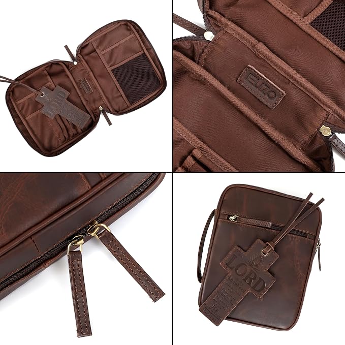 ELIZO Leather Bible Cover for Men Bible Case Women Holder Carrying Organizer Wrap Sleeve Protector Christian Religious Gift Cross Bookmark – Large Bourbon