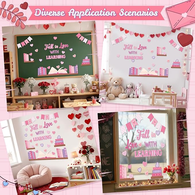 TICIAGA Pink Heart Book Learning Bulletin Board - 62Pcs Valentines Bookshelf Fall in Love with Learning Pink Heart Cutout Border Book Flag Banner for February School Library Classroom Wall Decor