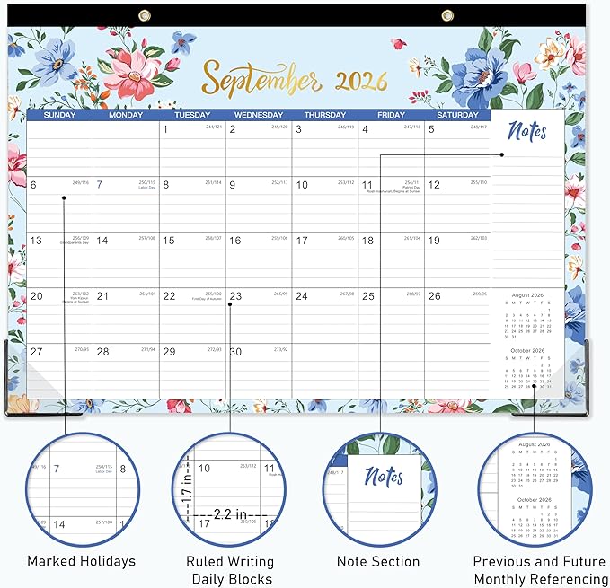 Desk Calendar 2026-2027 - 18 Monthly Desk/Wall Calendar, Jul. 2026 - Dec. 2027, 17" x 12", Thick Paper with Corner Protectors, Large Ruled Blocks - Floral