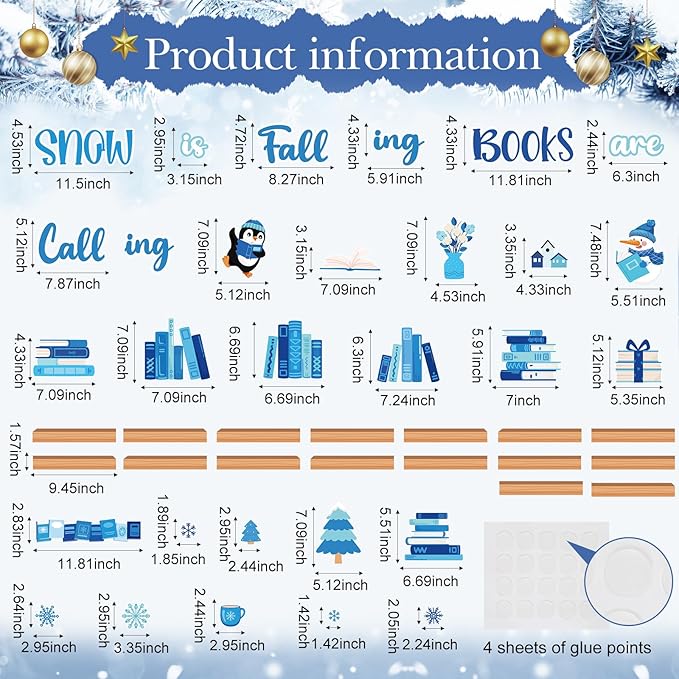 Funrous 60 Pcs Winter Reading Bulletin Board Decorations Set Winter Christmas Library Bulletin Boards Snowman Penguin Books Paper Cutouts for Xmas Holiday Party School Classroom Home Wall Decorations