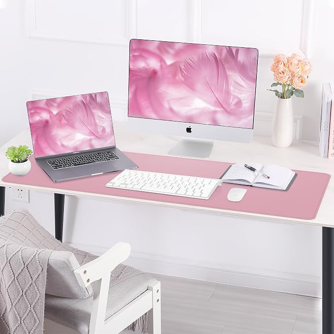 AFIING Leather Desk Pad Protector, Large Desk Mat with Natural Cork & PU Leather, Mouse Pad, Non-Slip, Waterproof Desk Writing Pad for Office and Home, Rose Pink