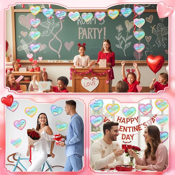 TaoBary 24 Pcs 7.08 Inch Large Heart Cutouts Shiny Iridescent Valentine's Day Conversation Heart Paper Cutouts Craft Pastel Valentines Bulletin Board Decorations for Classroom Poster Wall Party Decor