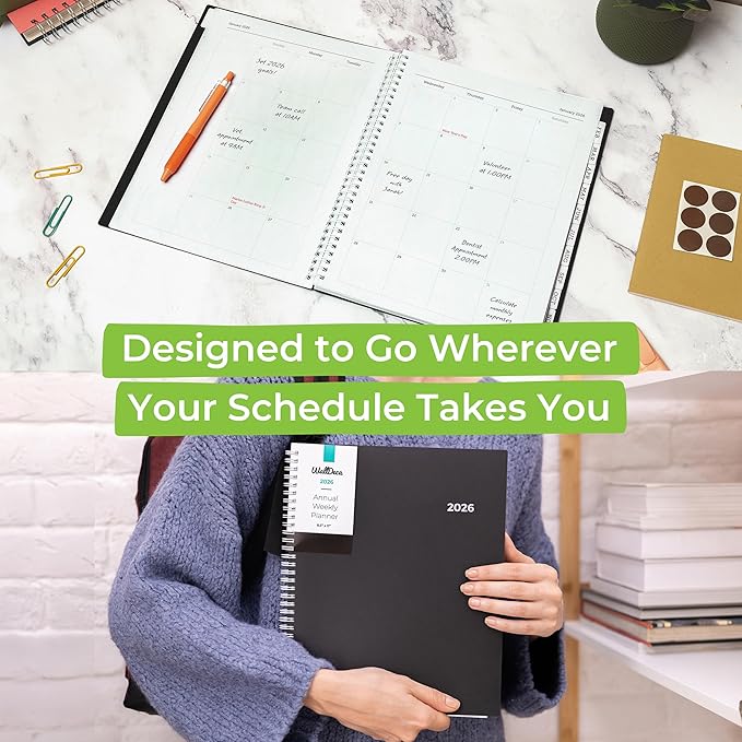 WallDeca 2026 Planner, Agenda Planner With Weekly And Monthly View, Daily Agenda Book And Yearly Planners Calendar Book, Spiral Bound With Tabs, Notes, Goals And Holidays (8.5 x 11 in)