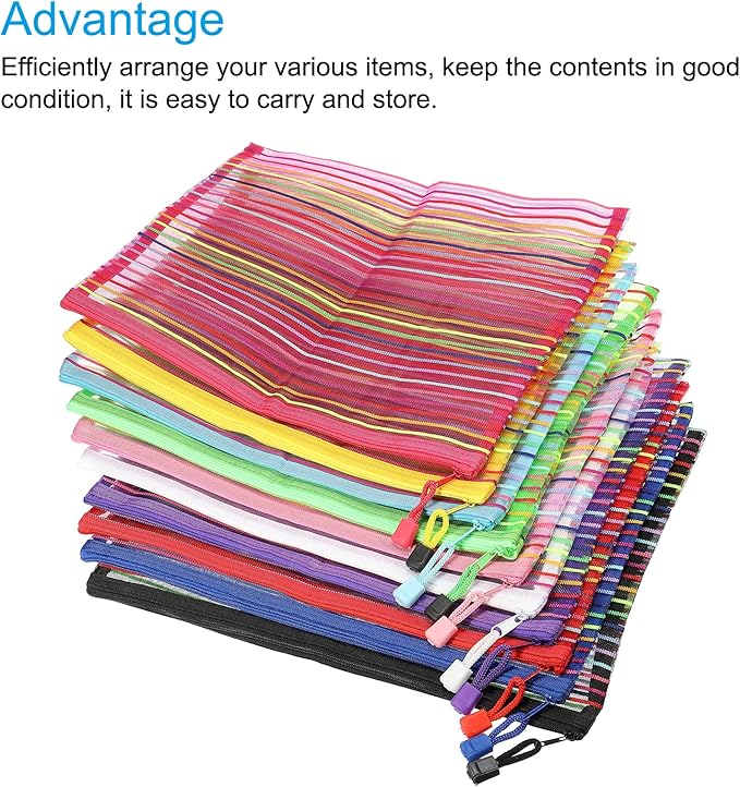 MECCANIXITY Mesh Zipper Pouches, A4 Pencil Case Document File Bags Storage Organizer for Office Supply Travel Accessory, Multicolor Pack of 10