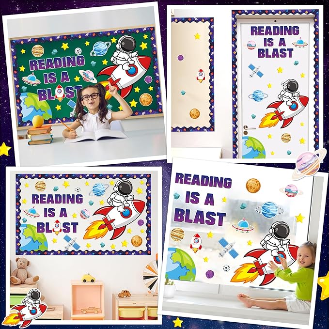 Outer Space Astronaut Bulletin Board Decorations Space Theme Classroom Bulletin Board Set Galaxy Borders Reading is A Blast Adventure Star Cutouts Back to School Preschool Chalkboard Wall Supplies
