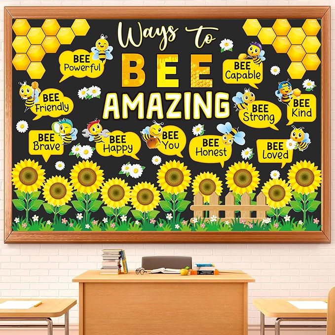 60 PCS Bee Theme Classroom Decorations- Bee Hive Cutouts Bee Bulletin Board Decoration Set Sunflower Cutouts Decor for Bulletin Board Classroom Back to School Library Hoom Window Wall Bee Theme Decor