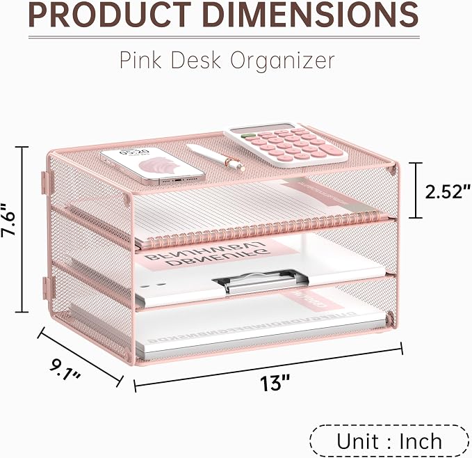 DALTACK 3 Tier Letter Tray Paper Organizer for Desk, Mesh Metal Desk File Organizer with Sliding Trays for Letter/A4 Paper, Mail, Bills & Folders, Pink
