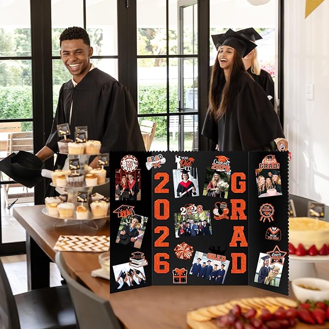 4 Set Graduation Photo Display Board, Class of 2026 Black Orange Trifold Poster Board with Grad Pattern Stickers, Graduation Photo Props Collage for Multiple Pictures Party Decorations, 16x24 Inch