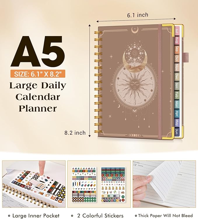 Academic Planner 2026-2027, Hardcover Weekly and Monthly Calendar Planner from July 2026 - June 2027, 6.1" x 8.2" A5 Daily Agenda with Tabs, College School Organizer for Student Teacher, Boho Sun & Moon