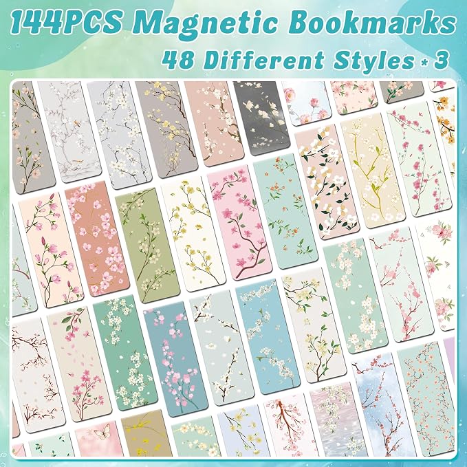 144Pack Magnetic Bookmarks Bulk Book Marks for Reading Women Men Adults Book Lovers Gifts, Cute Bookmarks Magnet Bookmark Clips Magnetic Page Markers Pretty Funny BookMarker (Flower Branch)