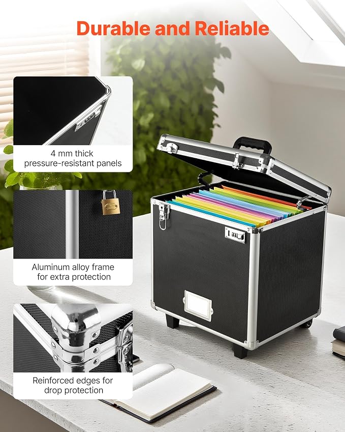 VEVOR Portable File Storage Box, 15.6 x 12.6 x 15 inch Internal Chest Size, Locking Mobile Business Case with Telescopic Handle, Hand pull File Case for Office Home, Offices, Hospitals, Banks