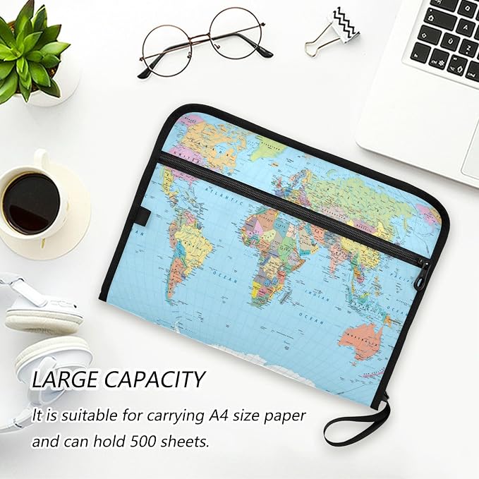 World Map Borders Countries Roads Expanding File Folder with Sticky Labels, 13 Pockets Accordion File Folder Document Organizer Expandable Zip File Folder with Zipper Closure