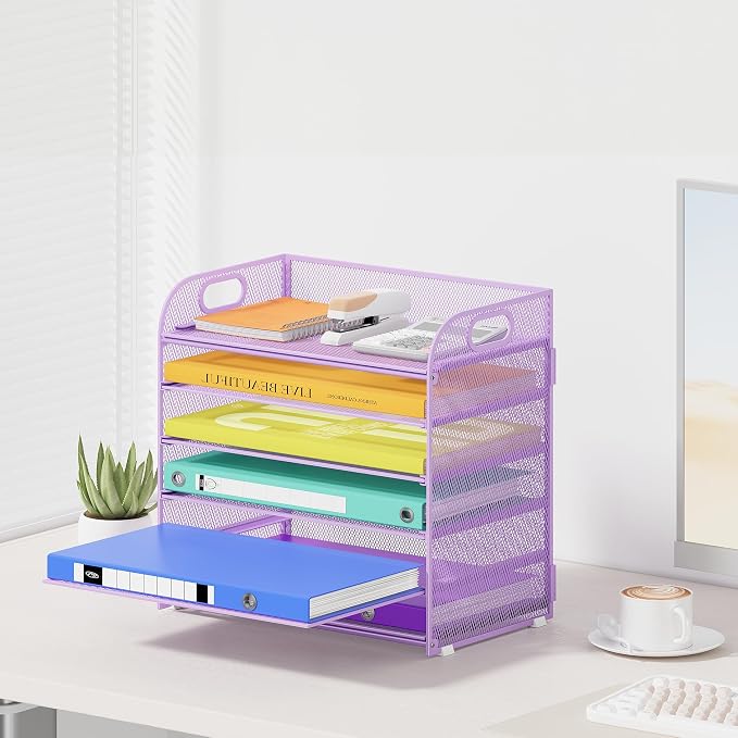 Cawukege 6 Tier Paper Organizer, Purple Letter Tray with Handle, Mesh Desk Organizer, Metal File Organizer, Office Desk Accessories for Home, Office, Classroom, School