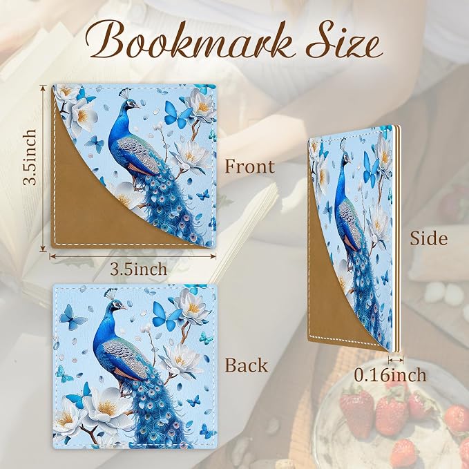 Icycay Peacock Corner Bookmarks, Cute Leather Book Accessories for Book Lovers, 3 Pcs Reading Book Page Markers for Women Men Student Teacher Girls Boys Kids Retirement Birthday Gifts