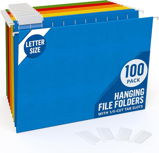 100 Pack Hanging File Folders Letter Size - File Folders Hanging with Tabs - File Cabinet Folders - Letter Size Hanging File Folder - Hanging Folders for Filing Cabinet - Colored Hanging File Folders