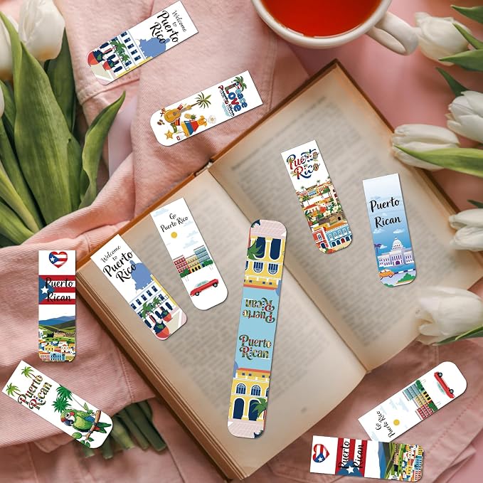 Wxiben Puerto Rico Magnetic Bookmarks Gifts - 30 Pcs Puerto Rico Travel Souvenirs Bookmark Flags Frog Flowers Magnets Book Marks Page Clip for Patriotic Latin American Spanish Party Favors