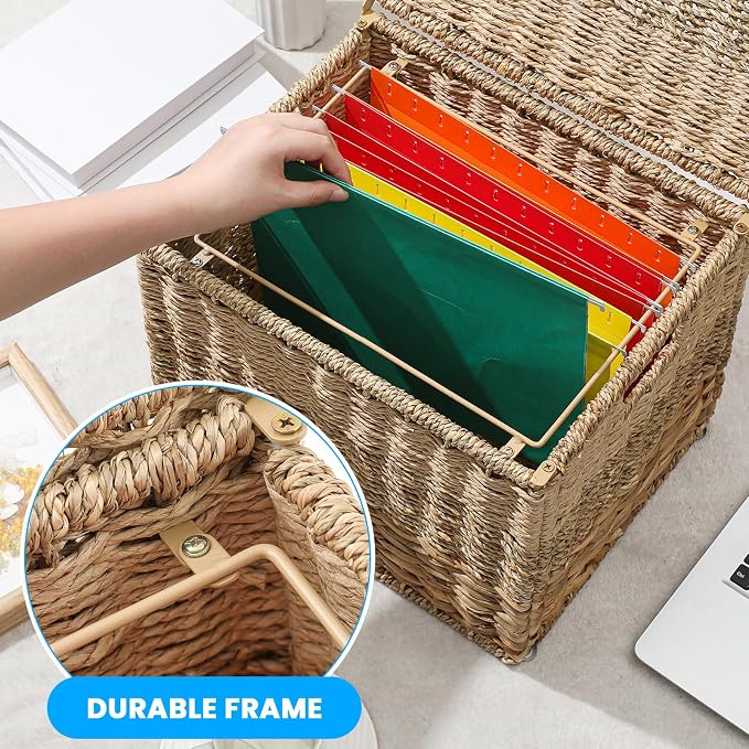 Decorative File Box 14 x 12 x 11 in Wicker Seagrass File Basket Organizer for Letter Size Hand Woven Hanging Filing Cabinet with Lid for Document Folder Home Office Decor, Water Hyacinth, Tricolor