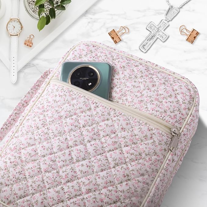 WOBAGMEN Bible Cover Case for Women,Large Bible Tote Bags Organizer Quilted Carrying Case for Girls,Bible Study Supplies Accessories Christian Gifts for Women (Pink Floral, L)