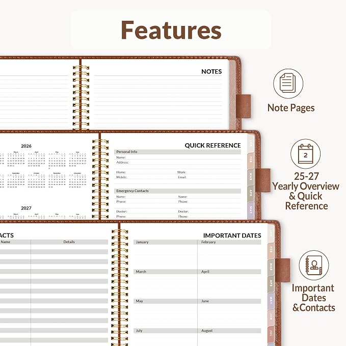 SUNEE 2026 Weekly & Monthly Planner 6.4"x8.5"- 12 Month (January 2026 - December 2026), Vegan Leather Cover, Pocket, Bookmark, Notes, Monthly Tab, Brown