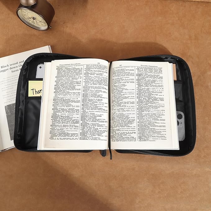 Polare Napa Leather Bible Cover Church Bag 10x7.5x2.2 inch Carrying Book Case Bible Protective with Handle and YKK Zippered Pocket (Black)