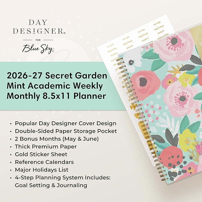 Blue Sky Day Designer 2026-2027 Weekly and Monthly Academic Year Planner Calendar, July 2026 - June 2027, 8.5" x 11", Flexible Cover, Laminated Tabs, Storage Pocket, Includes Stickers, Secret Garden Mint