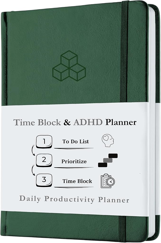 Time Blocking and ADHD Planner by Refine Days. 180 Undated Pages, To Do List, Hourly Schedule, Daily and Monthly Agenda. Time Management & Productivity Notebook. A5 (Green)