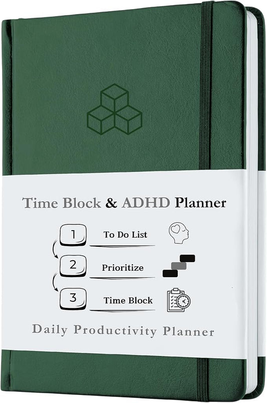 Time Blocking and ADHD Planner by Refine Days. 180 Undated Pages, To Do List, Hourly Schedule, Daily and Monthly Agenda. Time Management & Productivity Notebook. A5 (Green)