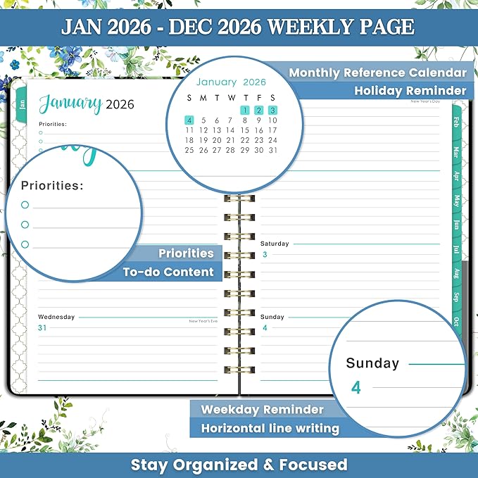 2026 Planner - Weekly & Monthly Planner/Calendar 2026, JAN. 2026 - DEC.2026, 6.4" x 8.5", with Tabs, Sturdy Cover, Premium Paper, Back Pocket, Strong Twin-wire Binding