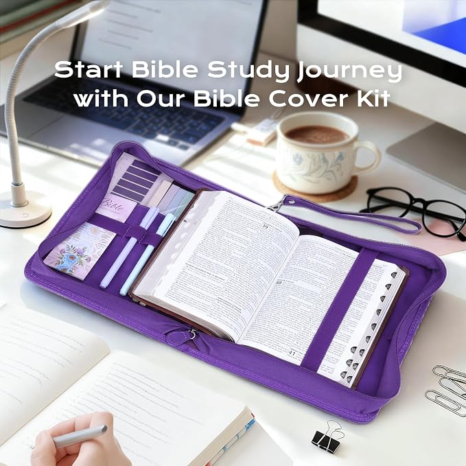 XKDOUS 24 Pcs Bible Cover Cases Set for Woman Study Bible Supplies Accessories Organizer Leather Bible Bag Holder Book Carrying Case w/Handle, Christian Gifts for Mom Women Men Lady