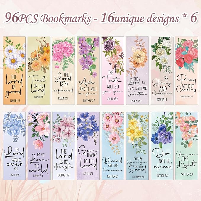 Bible Verse Bookmarks Gifts - 96 Pcs Inspirational Scripture Christian Bookmark Religious Motivational Flower Book Mark Page Clips Gift for Women Men Bible Study Church Readers Book Lovers