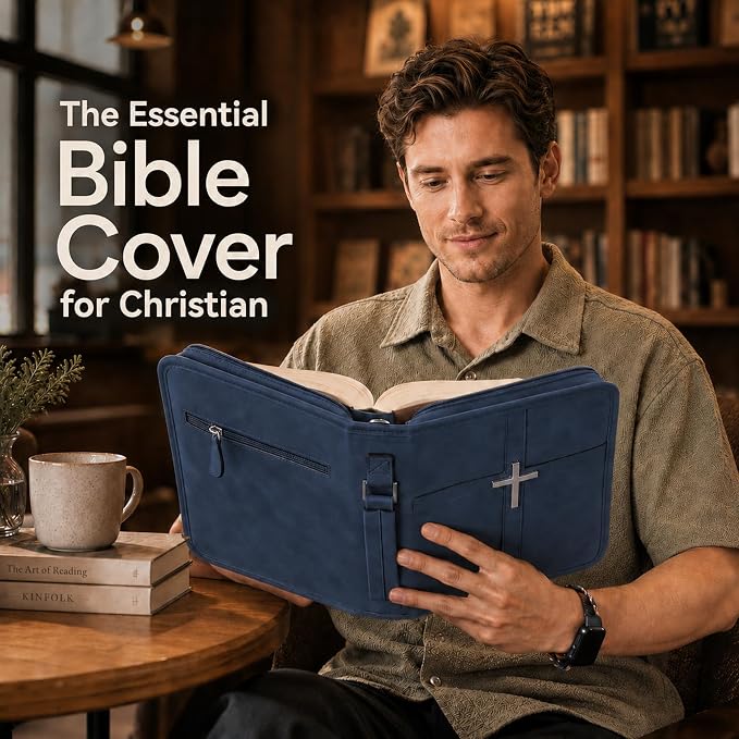 Bible Cover for Men and Women, PU Leather Large Bible Bag with Handle & Shoulder Strap, Bible Carrying Case with Cross Design and Pockets for Church, Bible Study & Christian Gifts, Blue