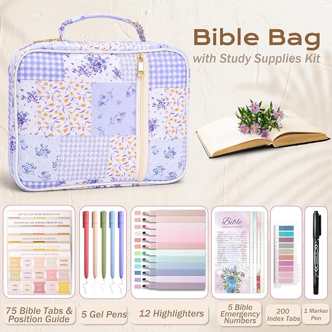 XKDOUS Bible Cover for Women Church Book Holder Quilted Carrying Case with Handle, Tabs, Study Supplies Portable Bible Bag Journaling Kit Christian Gifts for Mom Lady