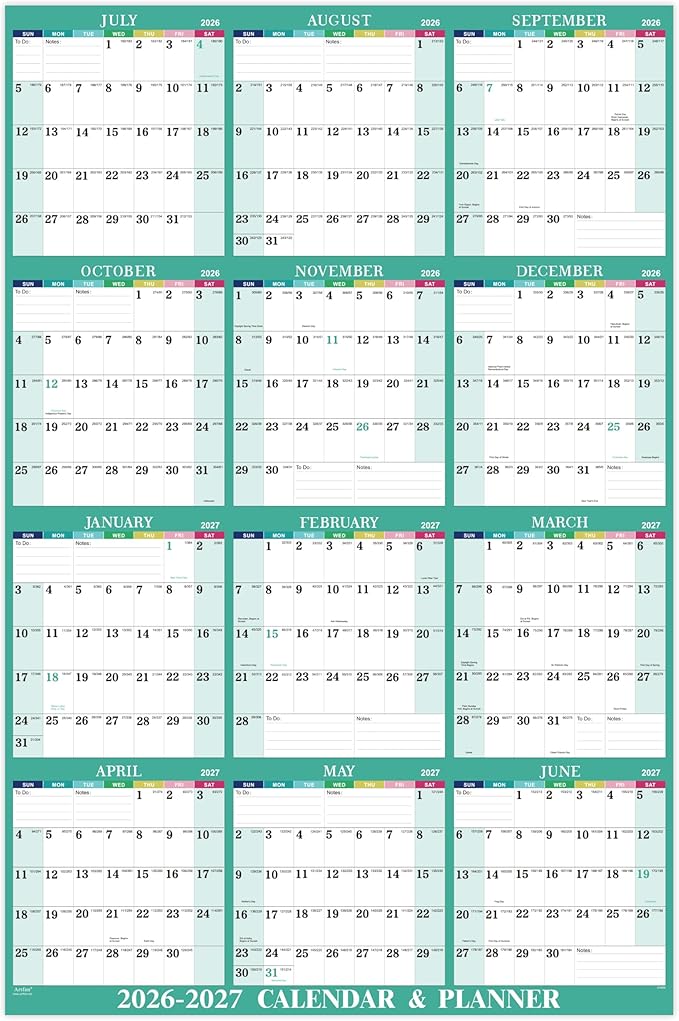 Yearly Wall Calendar 2026-2027 - 2026-2027 Calendar, July 2026 - June 2027, 34.8" x 22.8" (Open), Yearly Wall Calendar 26-27, 26-27 Calendars Vertical, One Page for Organizing - Colorful Lump