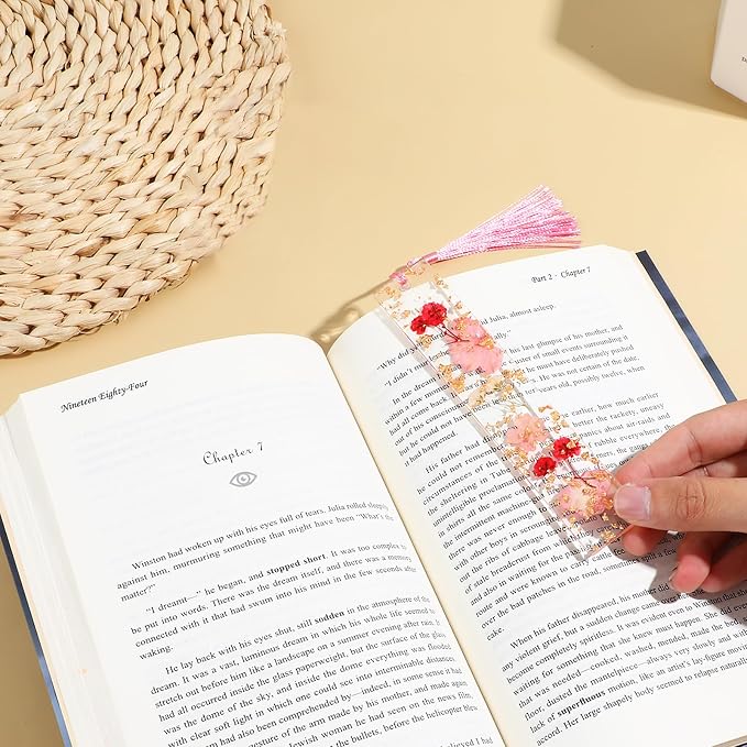 Dimeho Dried Flower Book Marks Tassels Clear Floral Bookmarks Durable Handmade Cute Resin Page Markers Pretty Book Marking Holder Gift for Christmas Bookworms Book Lovers Women(Pink)