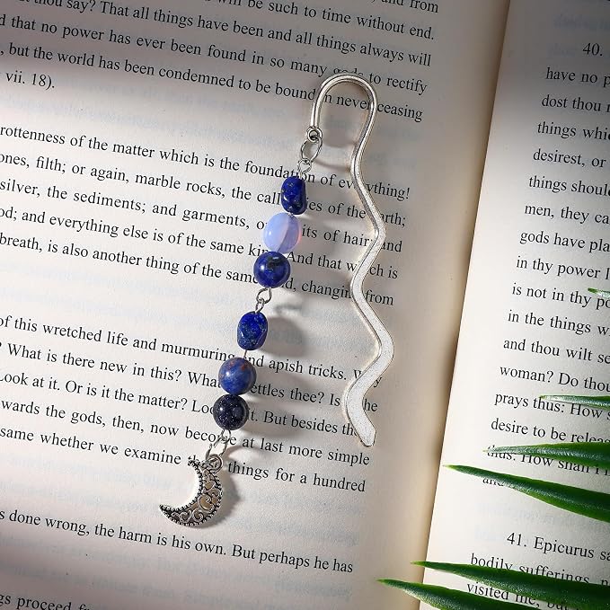Vintage Metal Moon Bookmark Pendant with Natural Crystal Bead Chain–Elegant Bookmarks for Women,Men,Book Lovers,Teachers and Students(Sodalite)